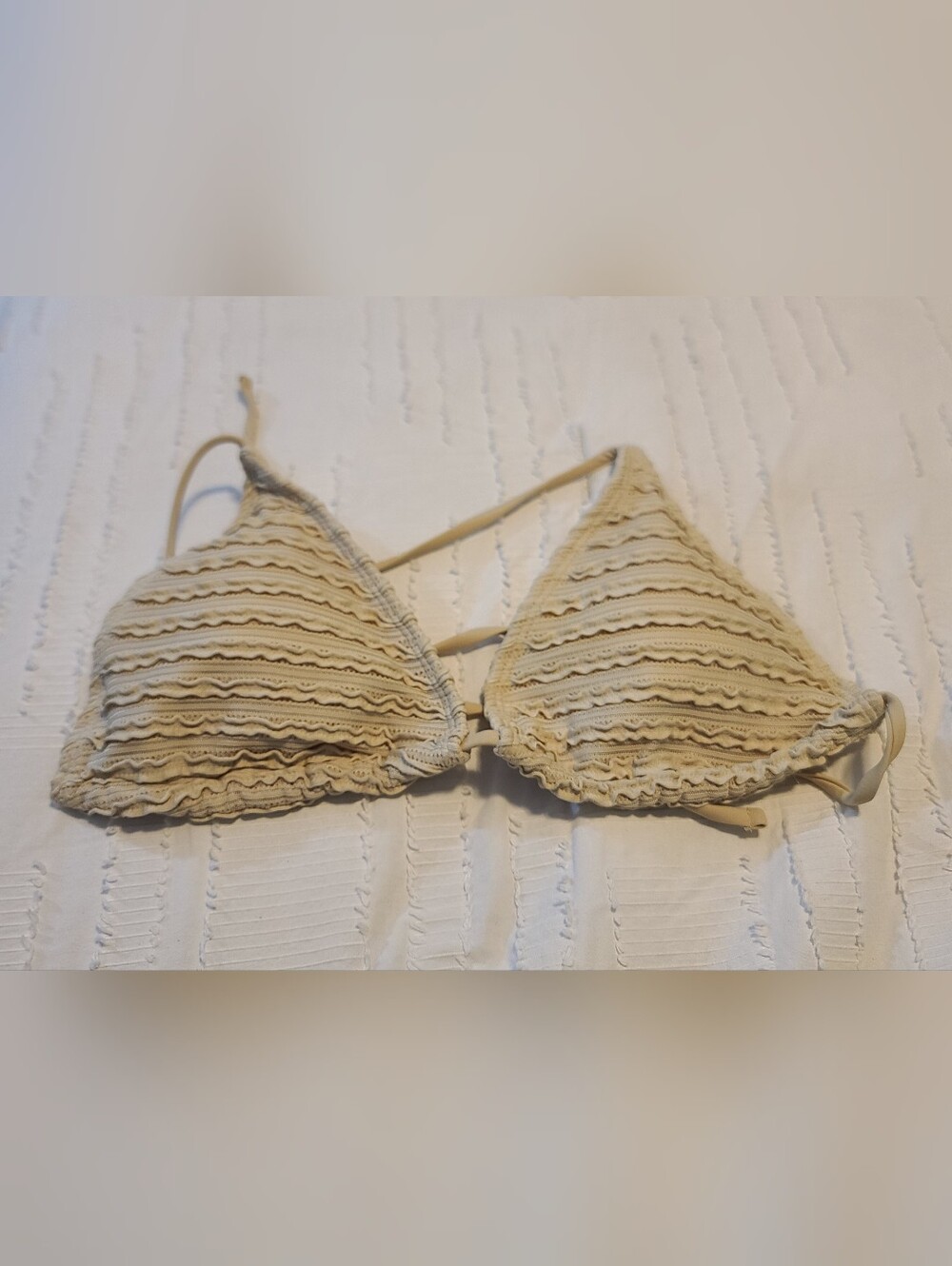 Beige 2 piece String Bikini set sz L Hi Cut Cheeky Triangle Halter Tie Lined